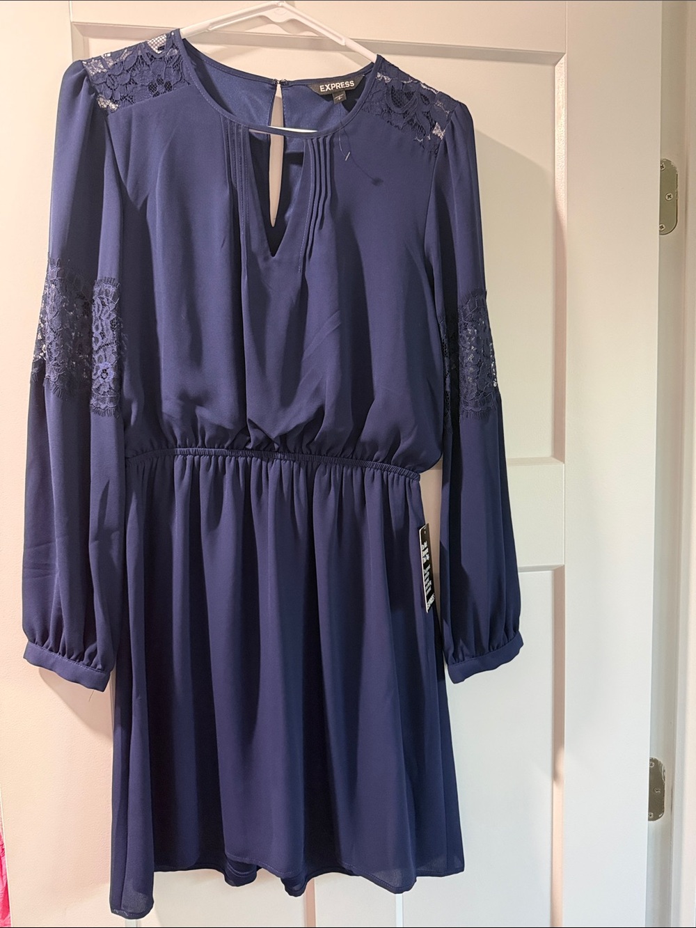 Express Navy Blue Long-Sleeve Lace-Trim Keyhole Dress